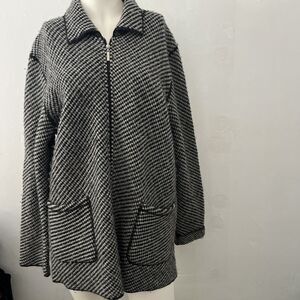 Womens Wool Check Houndstooth Sweater Jacket L Full Zip Preppy Academic Winter